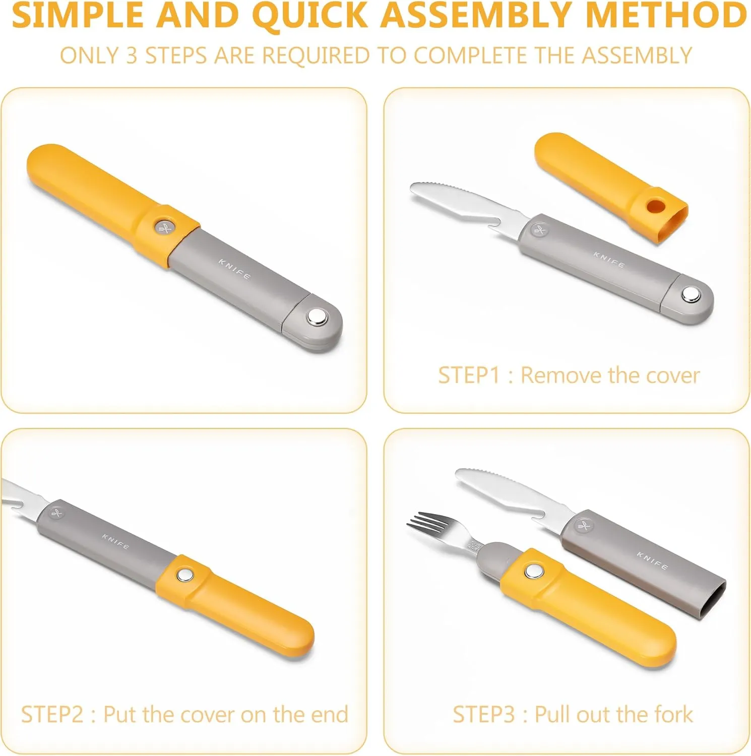 Stainless Steel Travel Utensils Foldable, Fork/Knife/Bottle Opener/Steak Knife 4 in 1 Camping Utensil Set, Reusable Silverware for Lunch, Portable Cutlery for Lunchbox, Camper, Work, Family (Yellow)