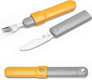 Stainless Steel Travel Utensils Foldable, Fork/Knife/Bottle Opener/Steak Knife 4 in 1 Camping Utensil Set, Reusable Silverware for Lunch, Portable Cutlery for Lunchbox, Camper, Work, Family (Yellow)