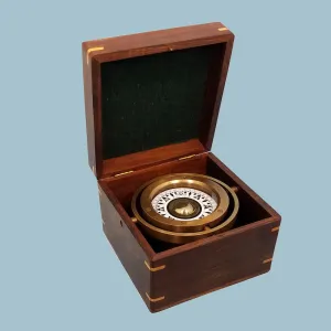 Stanley London Engravable Antique Nautical Brass Gimbaled Compass In Wooden Box