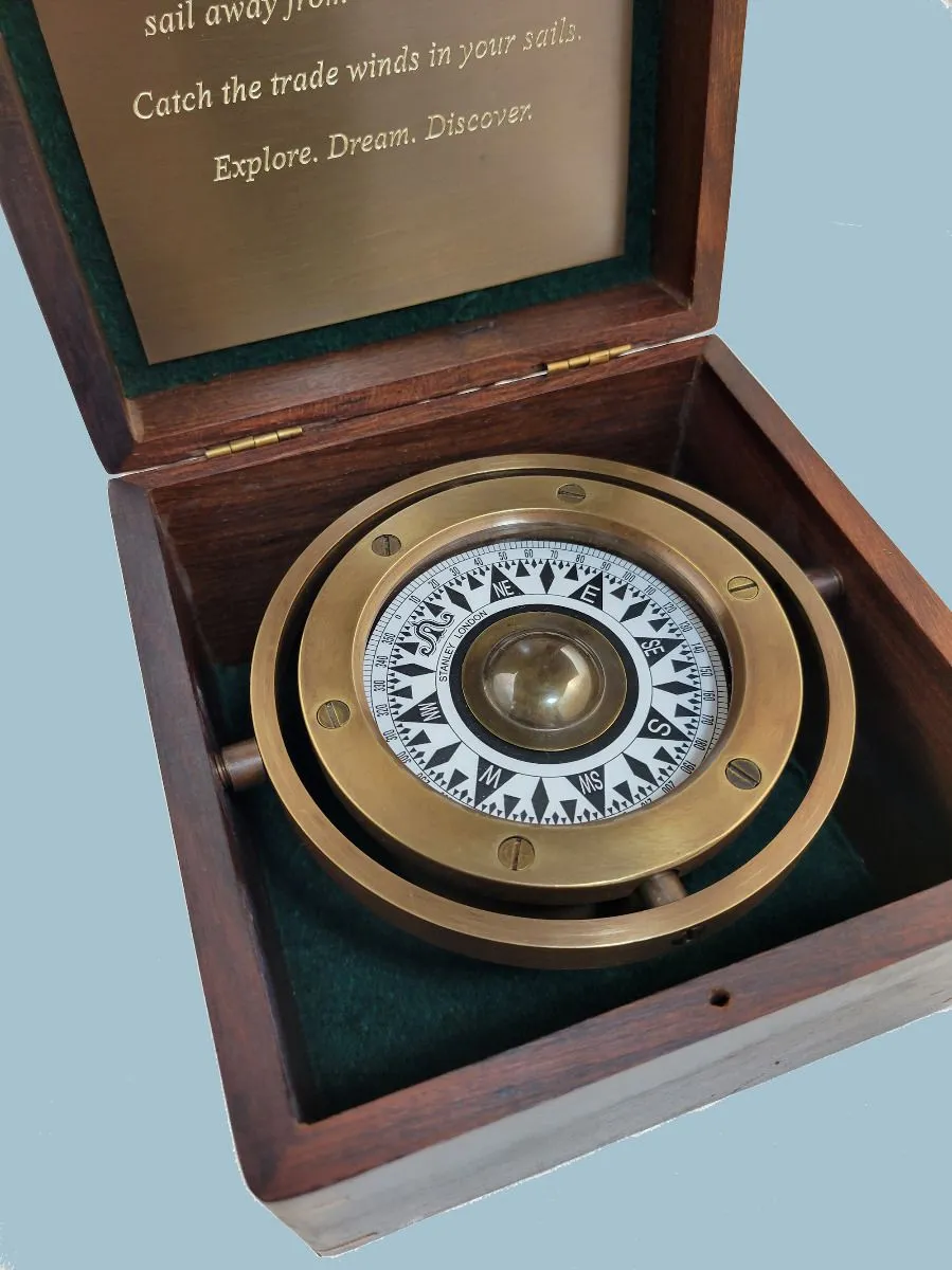 Stanley London Engravable Antique Nautical Brass Gimbaled Compass In Wooden Box