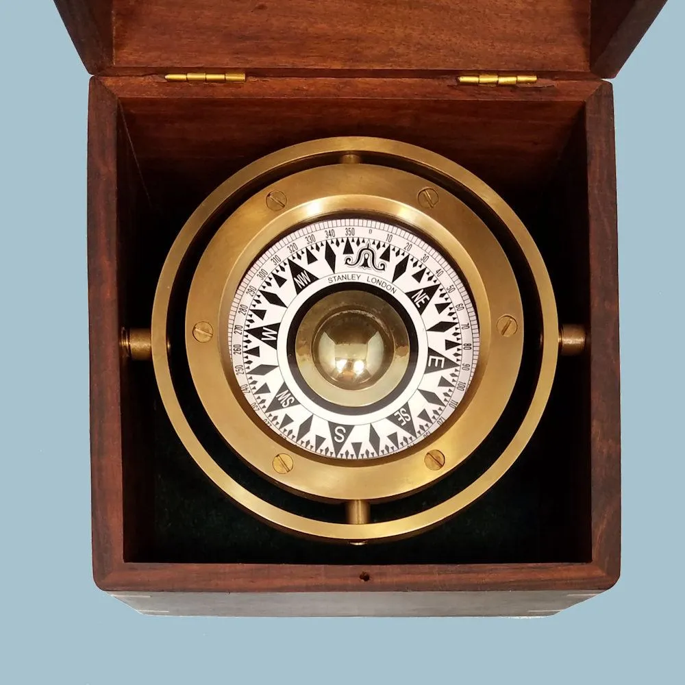 Stanley London Engravable Antique Nautical Brass Gimbaled Compass In Wooden Box