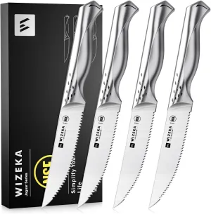 Steak Knives Set of 4: Dishwasher Safe Serrated Steak Knives 4.5 Inches, German Stainless Steel Kitchen Knives of Steak, Jaguar Series