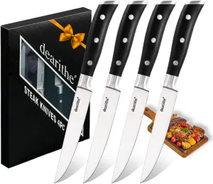 Steak Knives Set of 4,Black Full-Tang And Triple Rivet Non-Serrated Stainless Steel Sharp Blade Flatware Steak Knife Set, 5.0 Inches, For Restaurant Tableware Kitchen Camping, Dishwasher Safe