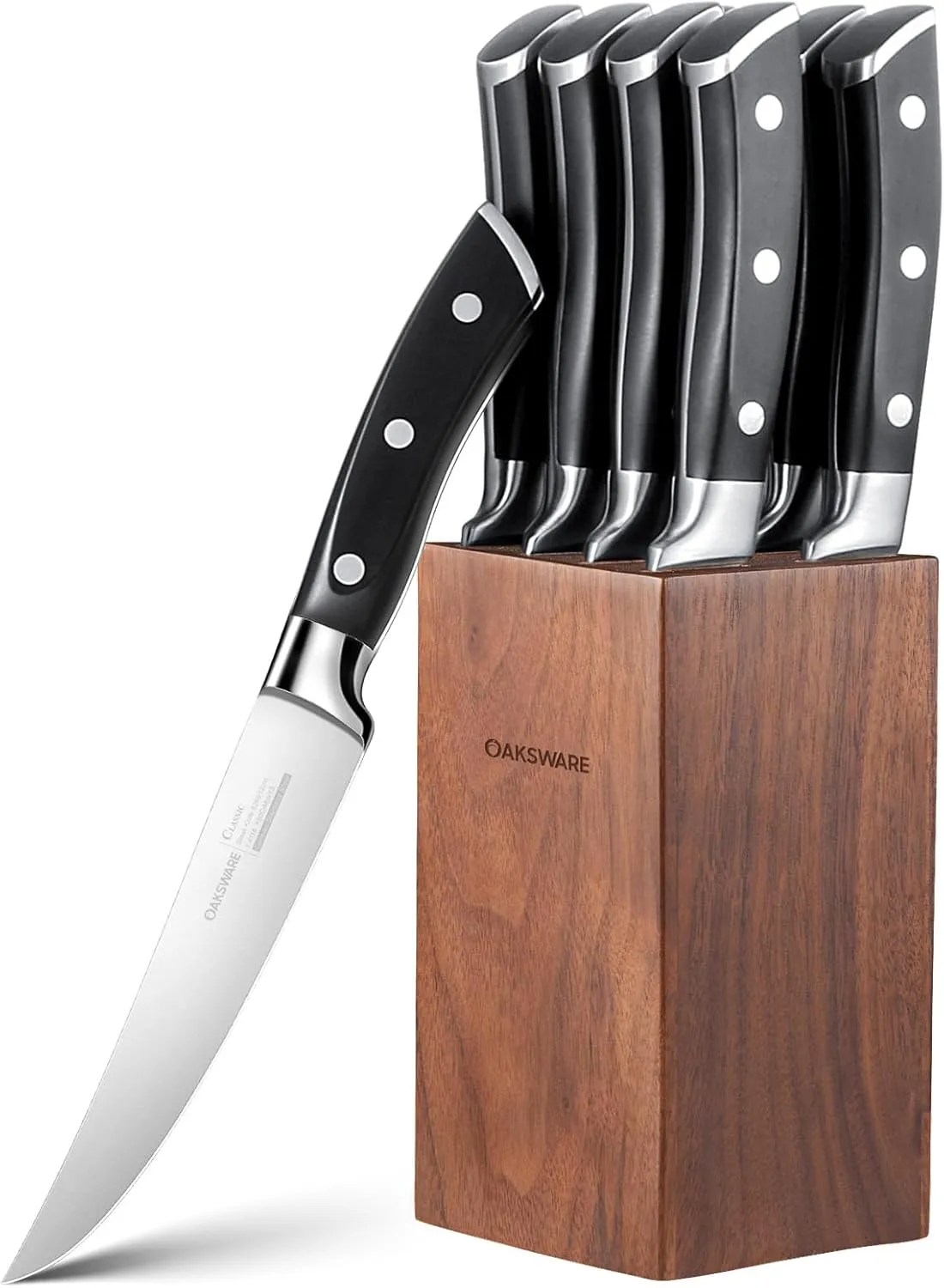Steak Knives Set of 8 with Walnut Block, Razor-Sharp German Stainless Steel, Non-Serrated Blades for Effortless Cutting, Durable Full-Tang Design for Home Dining & Gifting