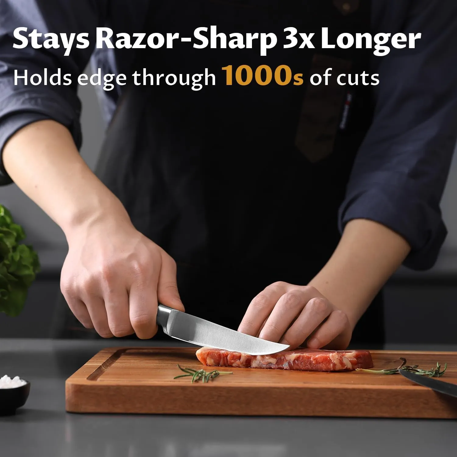 Steak Knives Set of 8 with Walnut Block, Razor-Sharp German Stainless Steel, Non-Serrated Blades for Effortless Cutting, Durable Full-Tang Design for Home Dining & Gifting