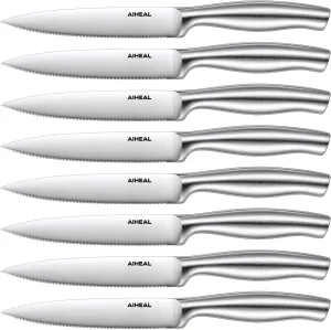 Steak Knives, Stainless Steel Steak Knives Set of 8, Never Needs Sharpening Dinner Steak Knife Set, 4.5 Inch Sharp Micro Serrated