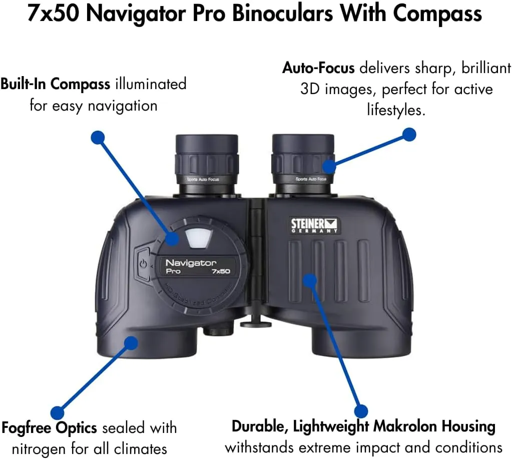 Steiner 7x50 Navigator Pro Binoculars with 7X Magnification, High Contrast Optics, Floating Prism System, Sports-Auto Focus, Delivers Excellent Image Clarity, with Compass