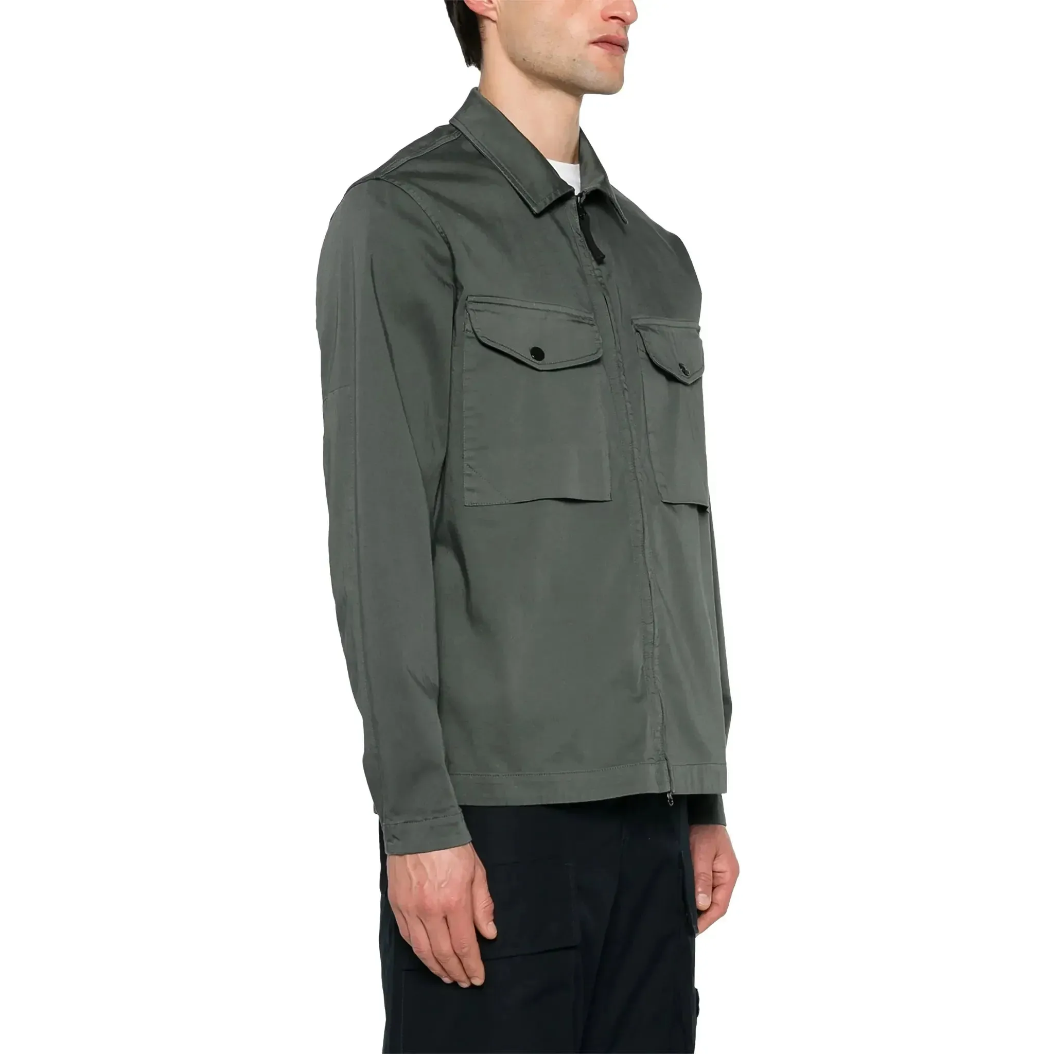 Stretch Cotton Satin Dark Green Overshirt