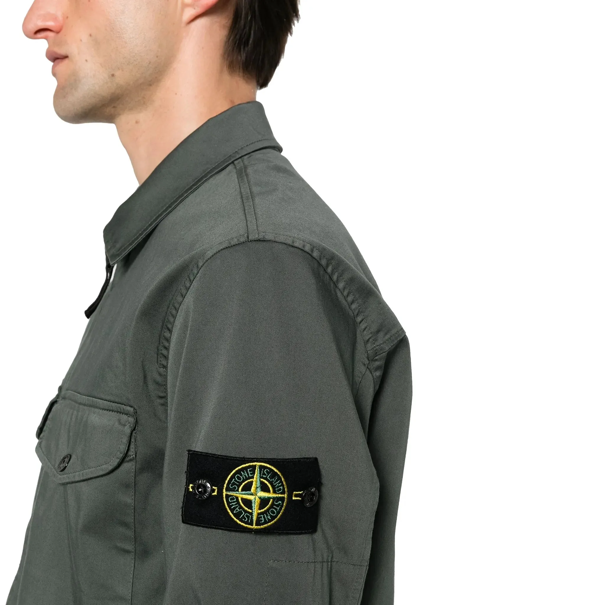 Stretch Cotton Satin Dark Green Overshirt