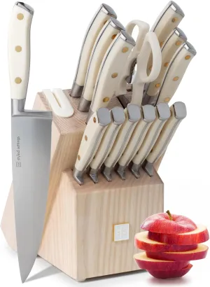 Styled Settings White Knife Set with Block and Sharpener – 14-Piece Ultra-Sharp High Carbon Stainless Steel Knives with Gold Triple Rivet White Handles and Ashwood Knife Block
