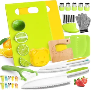 Suhctuptx 28PCS Toddler Knife Set - Kids Knifes for Real Cooking, Wooden Kids Kitchen Knife Set with Gloves Cutting Board Crinkle Cutters Kid Safe Knives, Toddlers Kitchen Tools