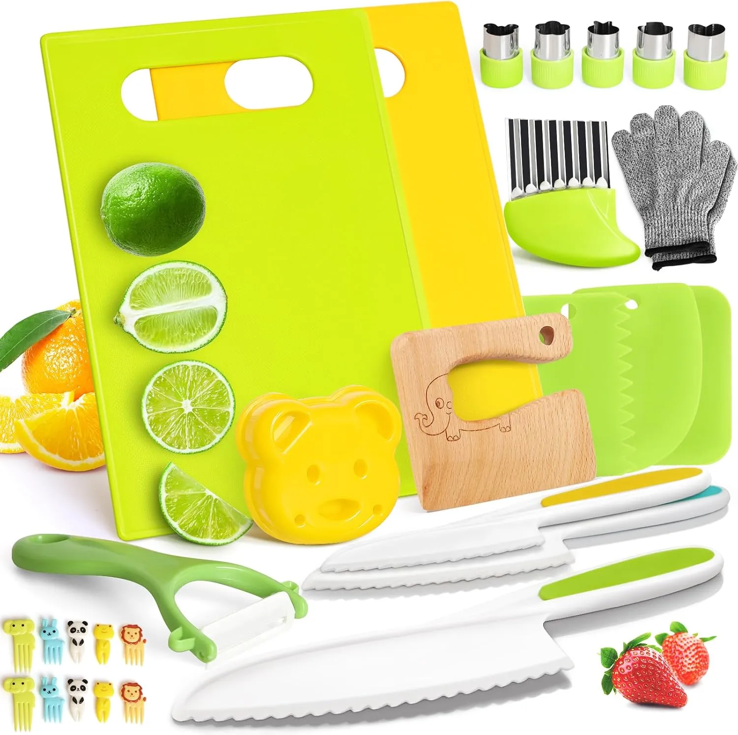 Suhctuptx 28PCS Toddler Knife Set - Kids Knifes for Real Cooking, Wooden Kids Kitchen Knife Set with Gloves Cutting Board Crinkle Cutters Kid Safe Knives, Toddlers Kitchen Tools