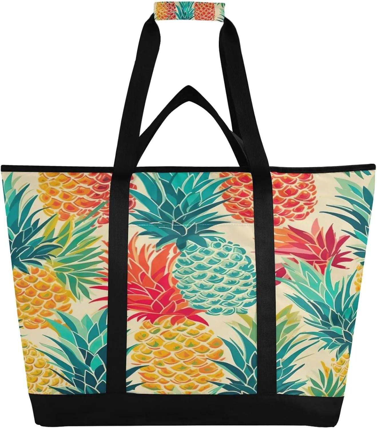 Summer Pineapple Reusable Insulated Lunchbox Cooler Bag, Leakproof Kitchen Grocery Bag Collapsible Portable Cooler Tote Bag for Picnic, Camping, Office, Travel