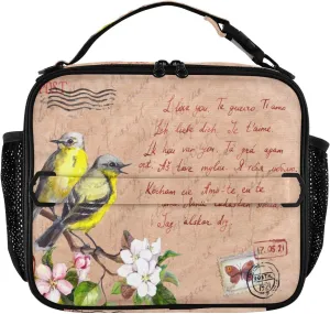 Summer Vintage Bird Lunch Box Blossom Flowers Postal Stamps Meal Tote Kids Lunch Bag Insulated Reusable Cooler Soft Shoulder Bag Mini Cooling Back to School