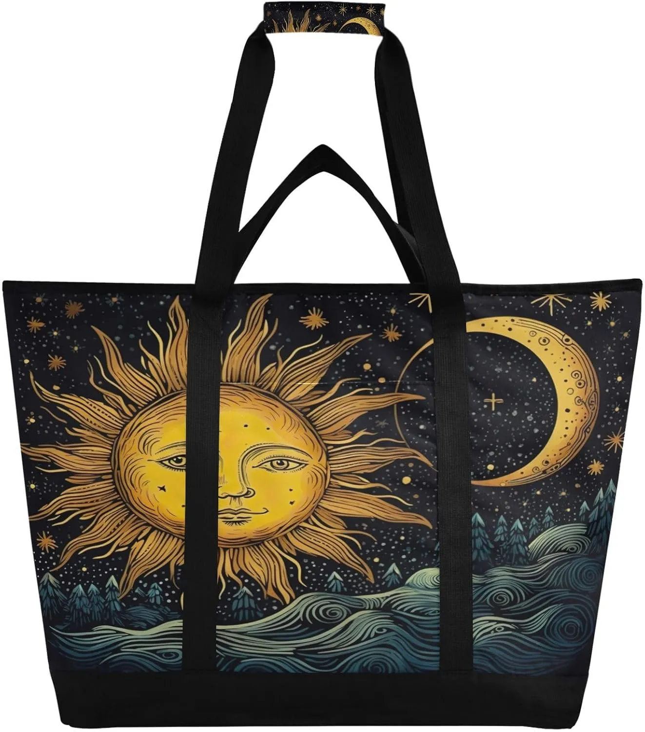 Sun and Moon Reusable Insulated Lunchbox Cooler Bag, Leakproof Kitchen Grocery Bag Collapsible Portable Cooler Tote Bag for Picnic, Camping, Office, Travel