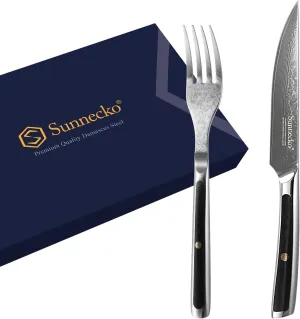 Sunnecko Damascus Steak Knife Set Non Serrated, Japanese VG10 Stainless Steel Steak Knife and Fork Set of 2, 5 Inch Steak Knives G10 Handle with Gift Box