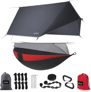 Sunyear Camping Hammock, Portable Single & Double Hammock with Net, 2 Person Hammock Tent with 2 * 10ft Straps, Best for Outdoor Hiking Survival Travel