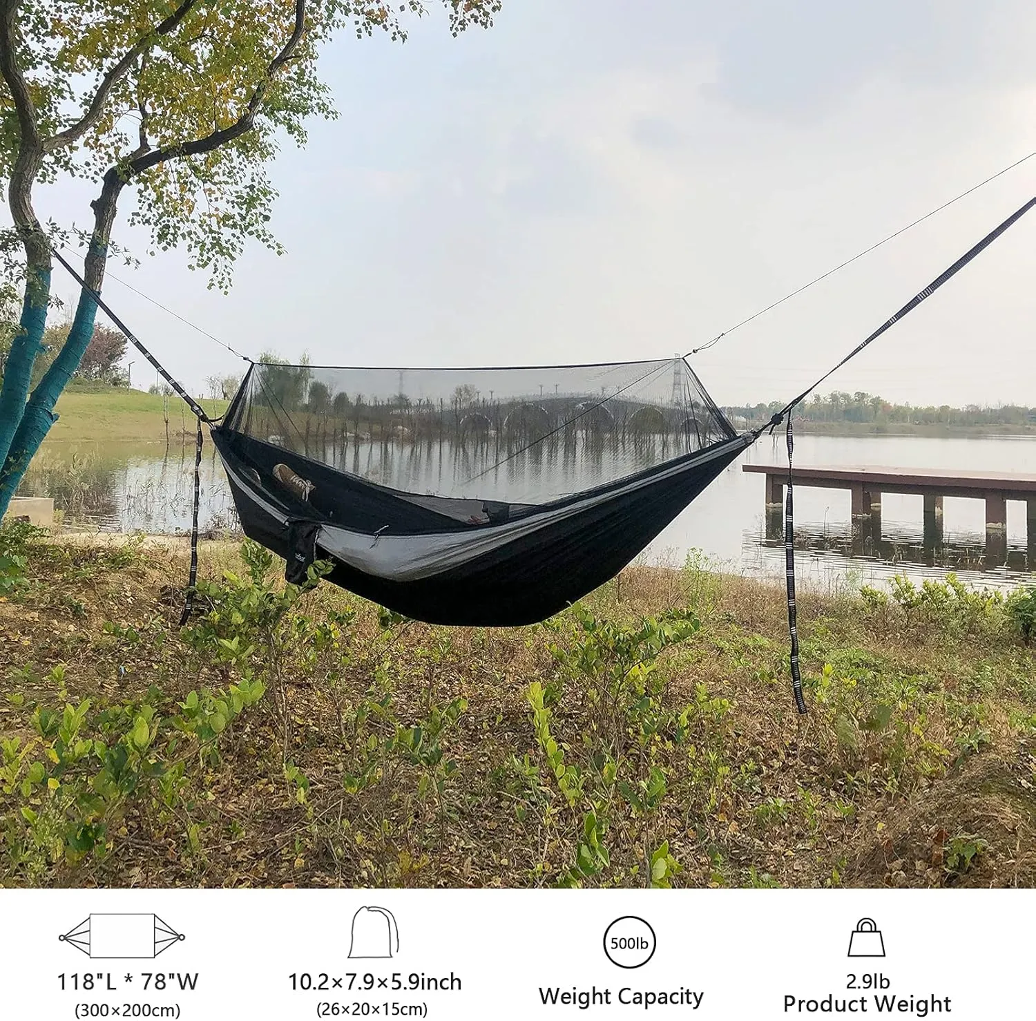 Sunyear Hammock Camping with Rain Fly Tarp and Net, Portable Camping Hammock Double Tree Hammock Outdoor Indoor Backpacking Travel & Survival, 2 Tree Straps,100% Waterproof