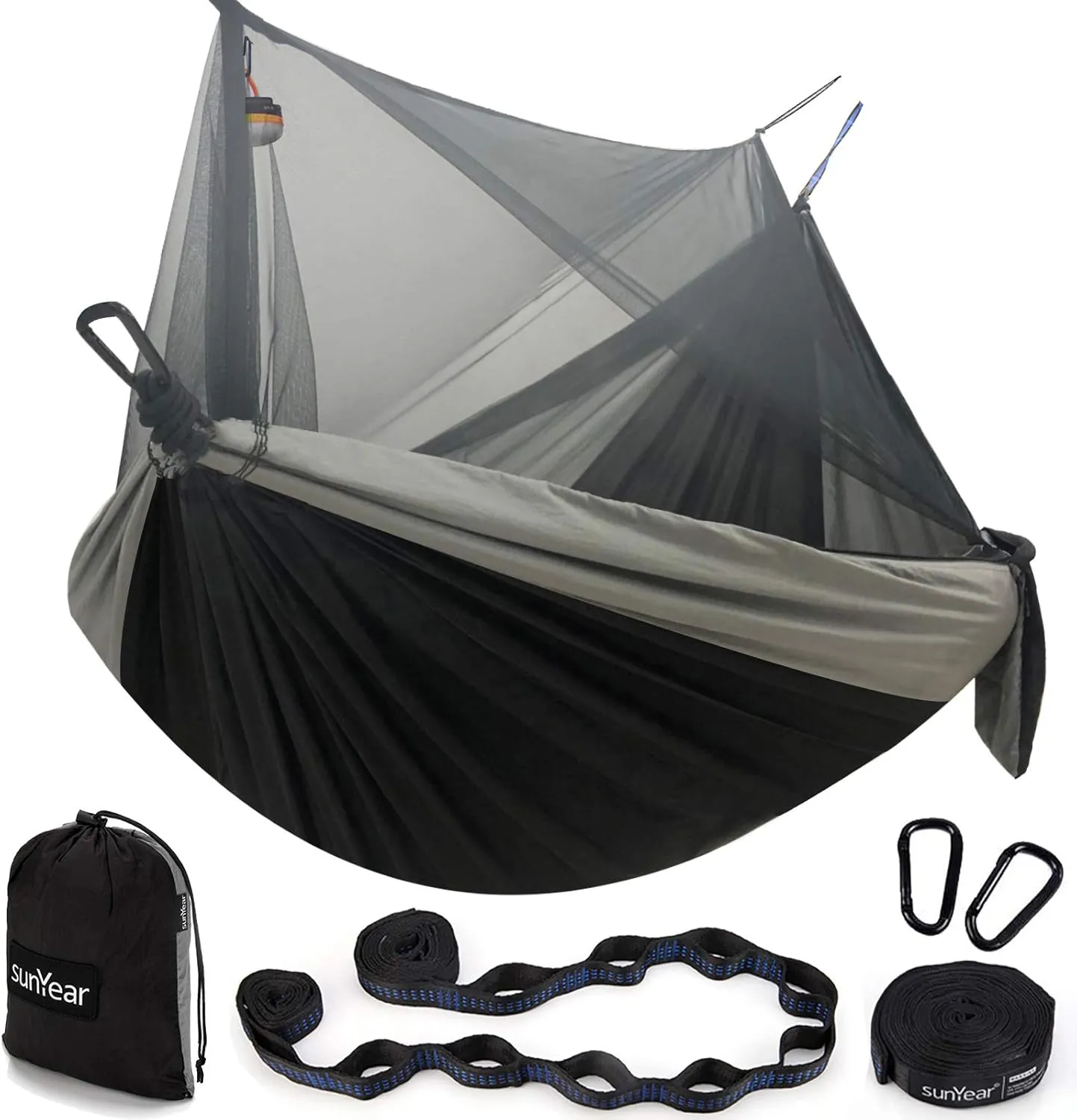 Sunyear Hammock Camping with Rain Fly Tarp and Net, Portable Camping Hammock Double Tree Hammock Outdoor Indoor Backpacking Travel & Survival, 2 Tree Straps,100% Waterproof