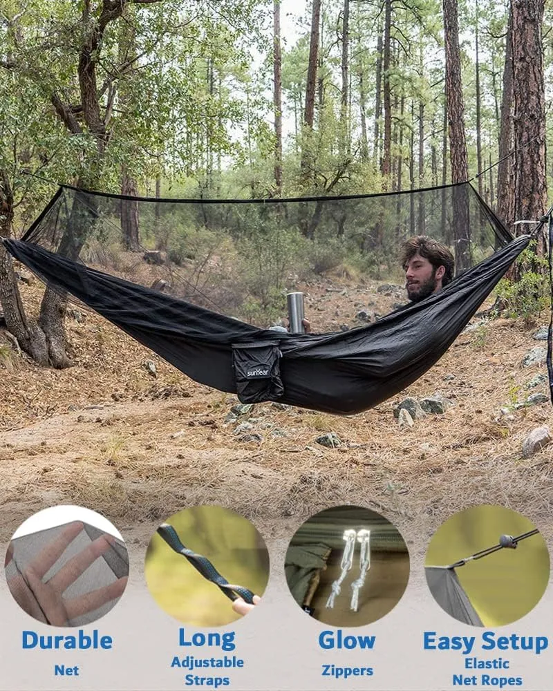 Sunyear Hammock Camping with Rain Fly Tarp and Net, Portable Camping Hammock Double Tree Hammock Outdoor Indoor Backpacking Travel & Survival, 2 Tree Straps,100% Waterproof