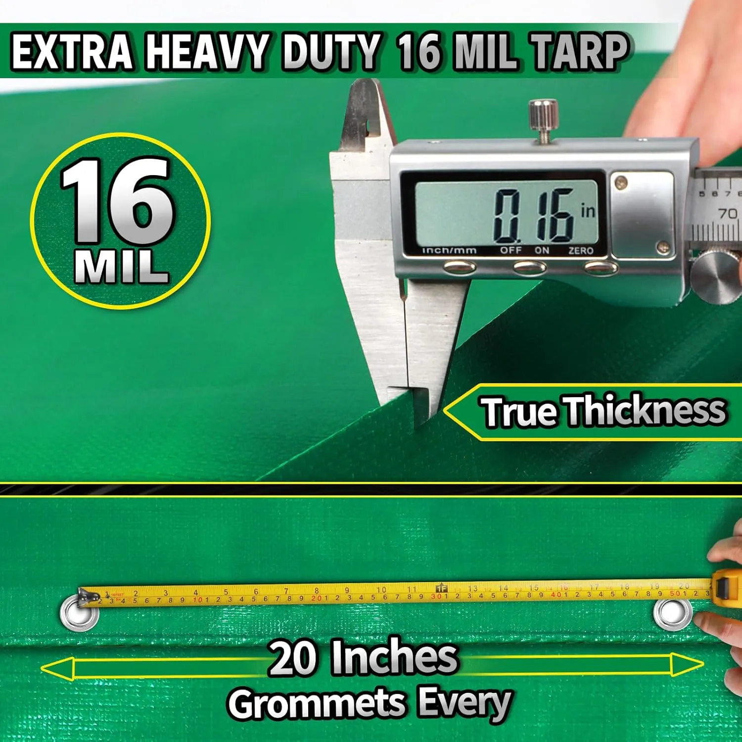 Super Heavy Duty Tarp 12 X 16 Ft, 16 Mil Large Waterproof Tarps, High Durability, UV Resistant, Tear Resistant with Grommets Every 20 Inches for Outdoor (Green)