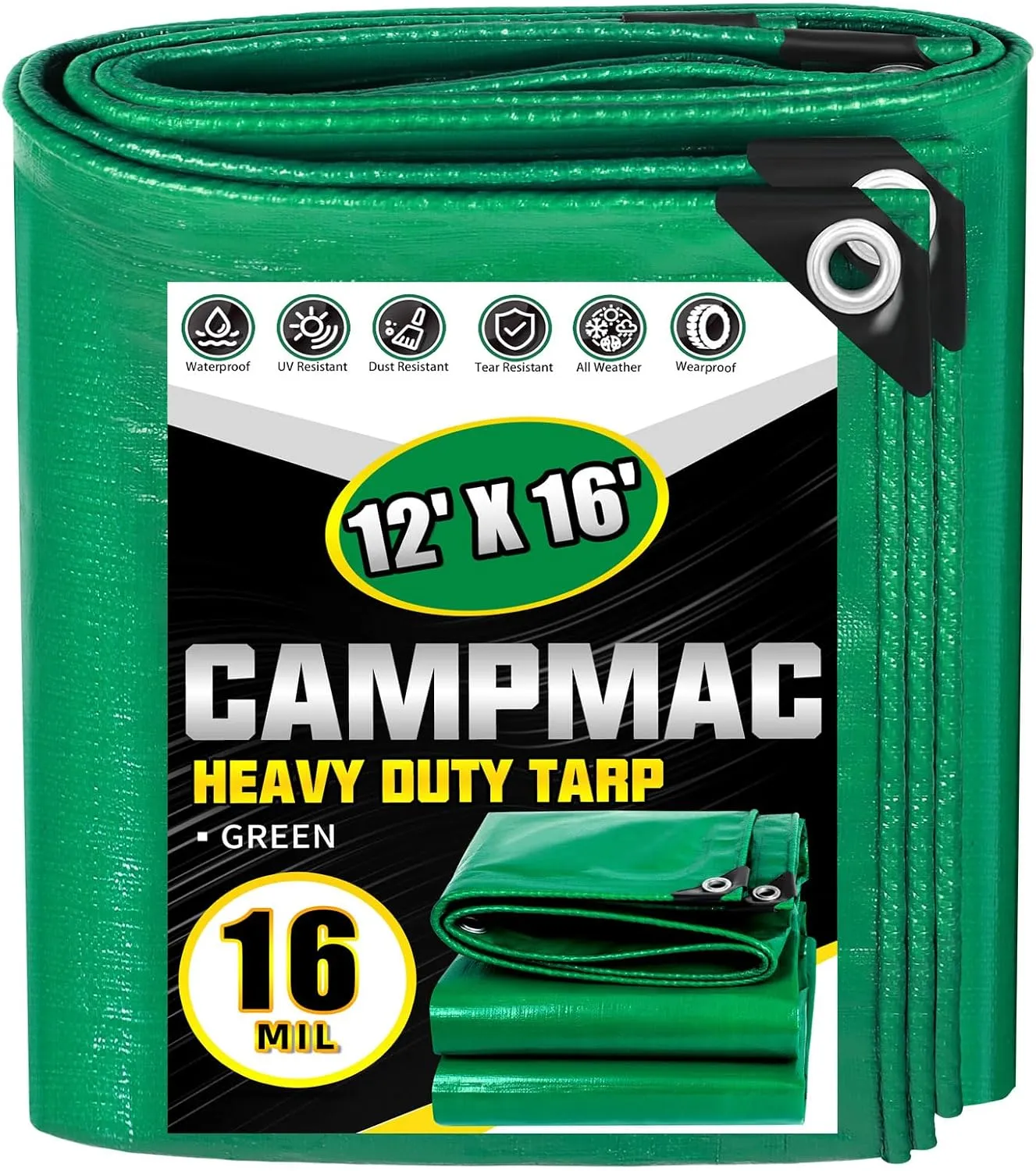 Super Heavy Duty Tarp 12 X 16 Ft, 16 Mil Large Waterproof Tarps, High Durability, UV Resistant, Tear Resistant with Grommets Every 20 Inches for Outdoor (Green)