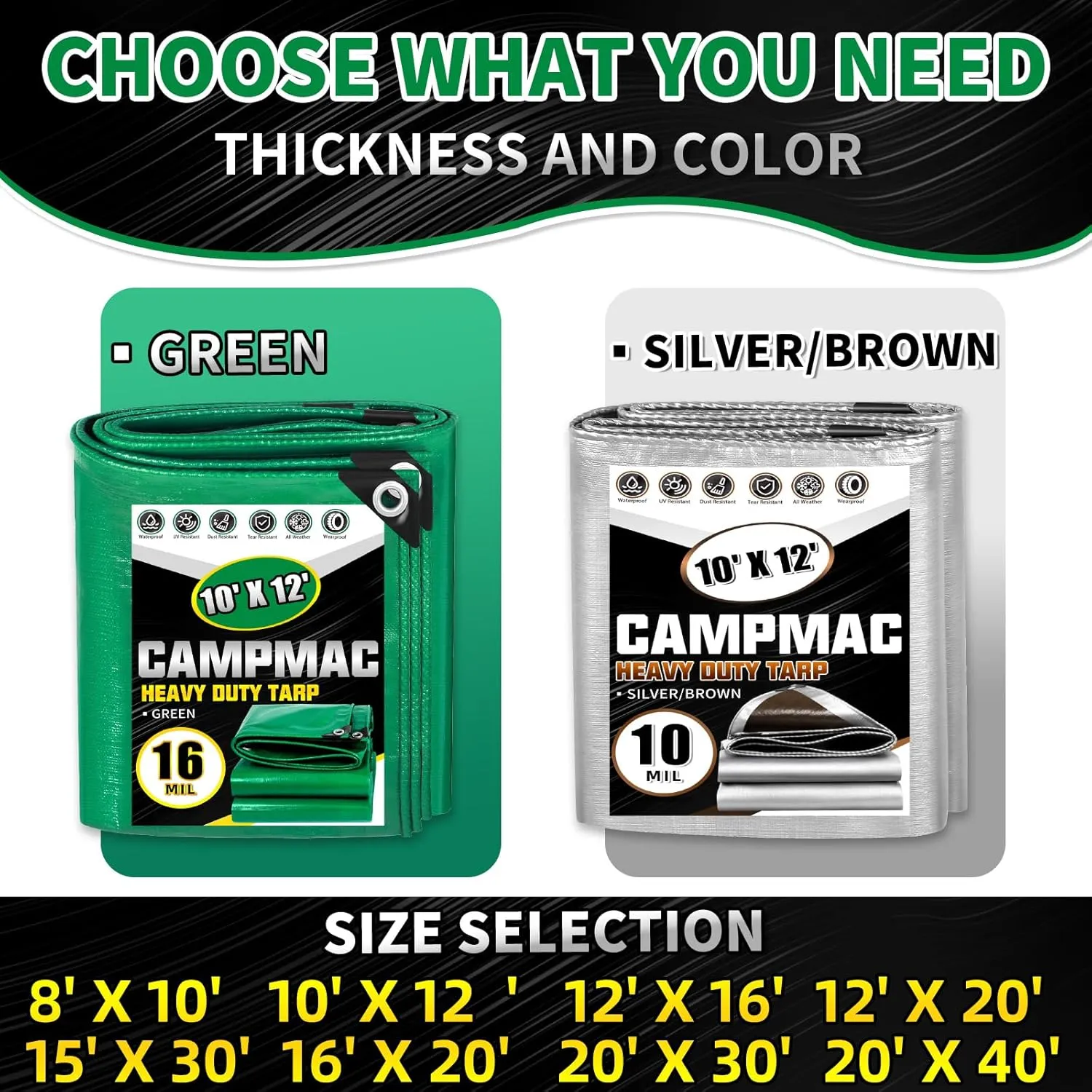 Super Heavy Duty Tarp 12 X 16 Ft, 16 Mil Large Waterproof Tarps, High Durability, UV Resistant, Tear Resistant with Grommets Every 20 Inches for Outdoor (Green)