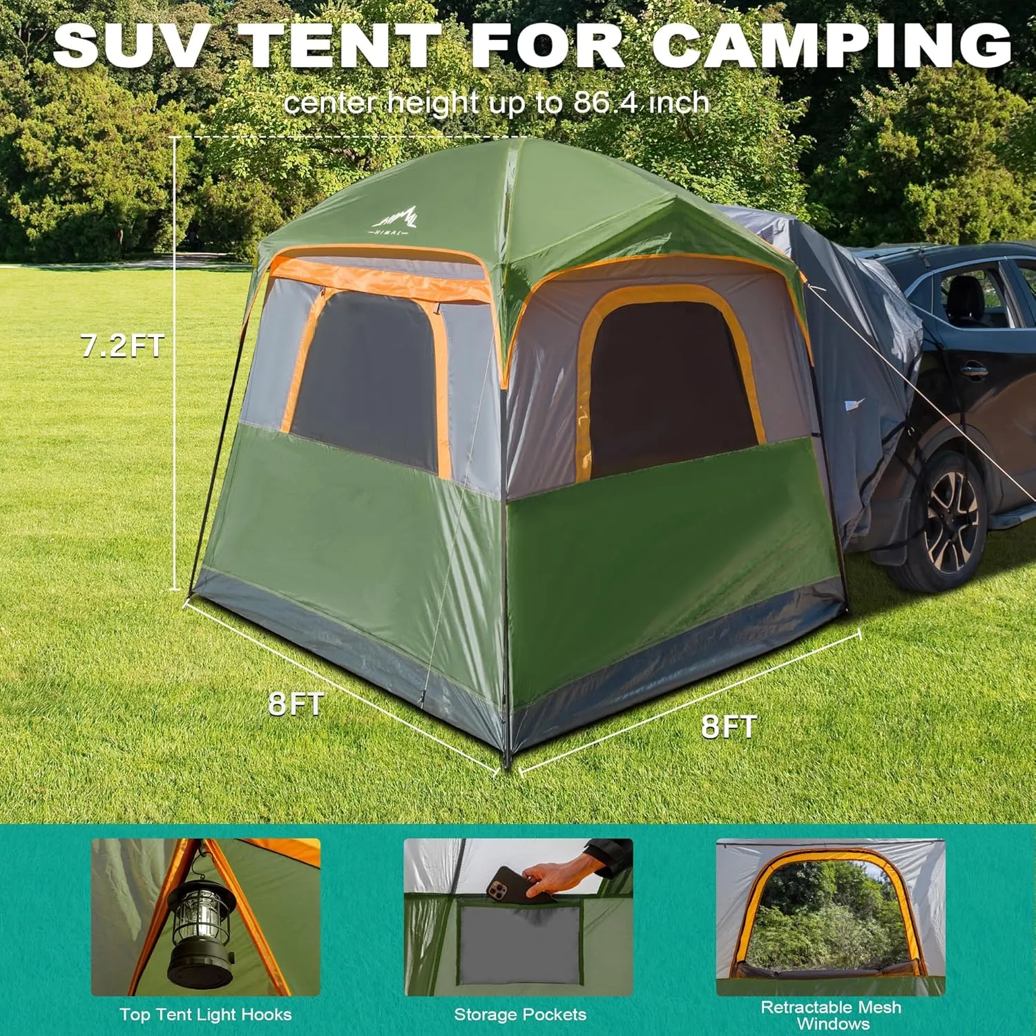 SUV Tent for Camping, Waterproof PU3000mm Spacious Double Layer Design for 5-8 Person, Includes Rainfly and Storage Bag, 8FT L x 8FT W x 7.2FT H (Deep Green)