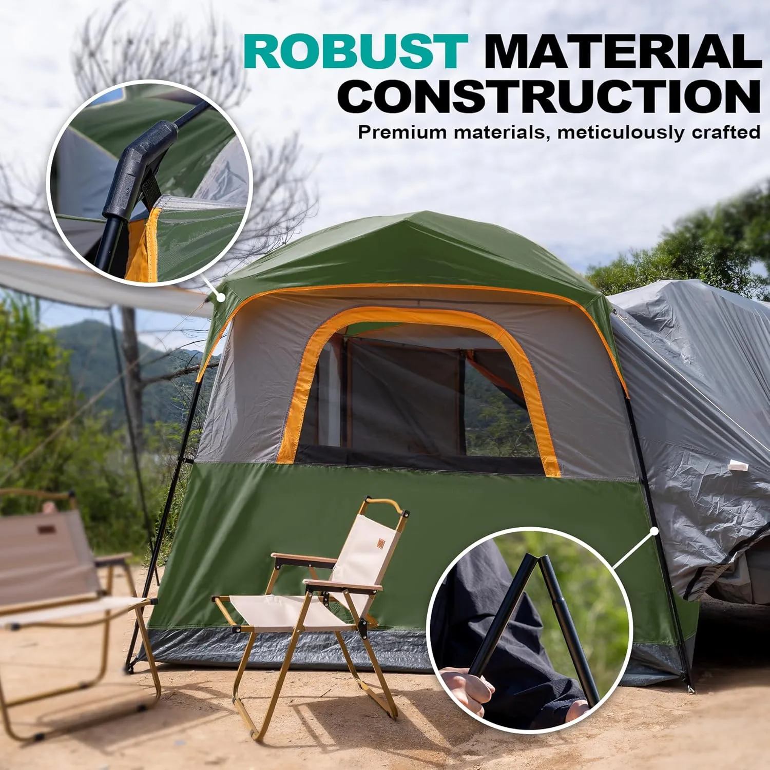 SUV Tent for Camping, Waterproof PU3000mm Spacious Double Layer Design for 5-8 Person, Includes Rainfly and Storage Bag, 8FT L x 8FT W x 7.2FT H (Deep Green)
