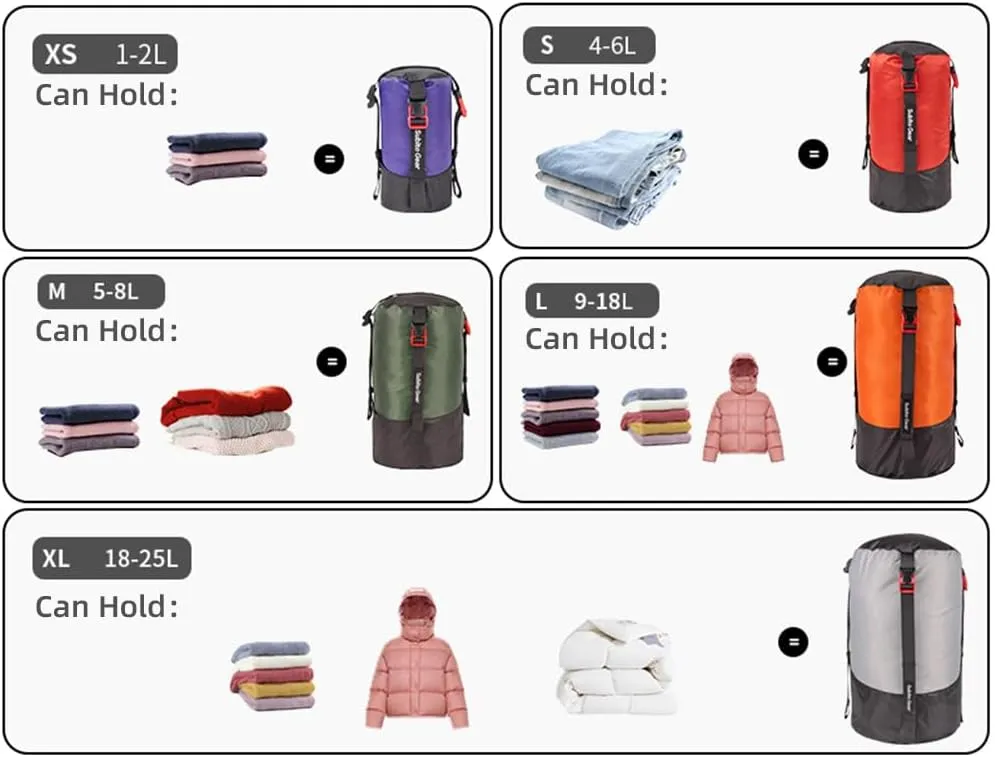 SYH&AQYE 5 Pack Dry Sack, Lightweight Compression Stuff Sack Polyester Compression Bag for Camping Hiking Backpacking