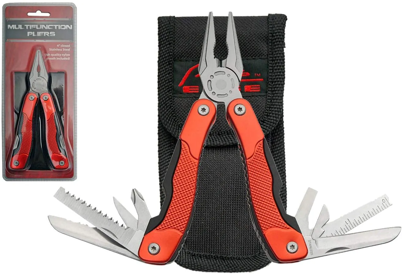 Szco Supplies 6” Red 14-Function Spring Action Plier Stainless Steel Multi Tool with Nylon Sheath
