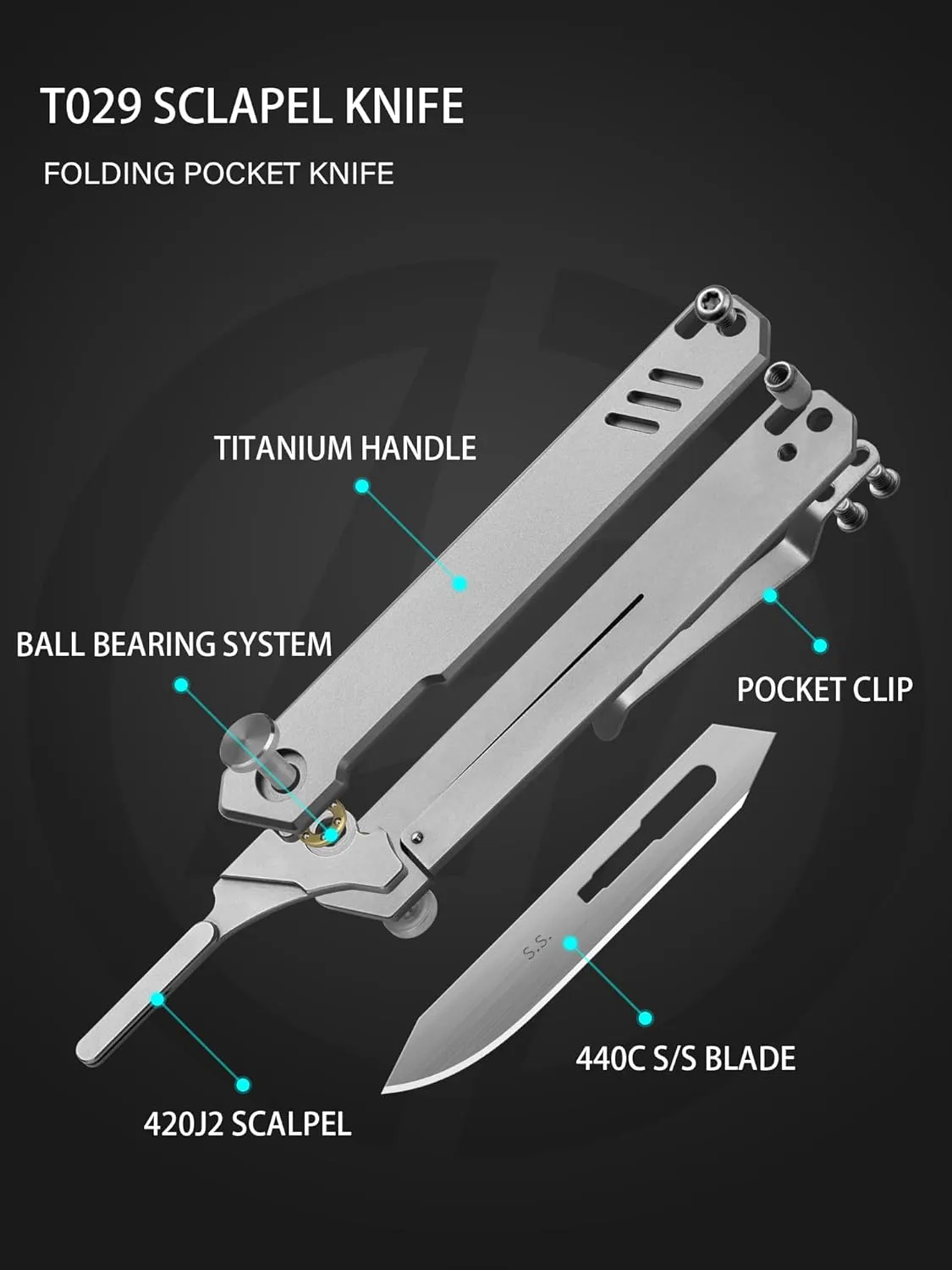 T029 Folding Scalpel Knife, Slim Titanium alloy handle, 60 Stainless Steel Blade Pocket Knife 1.23oz