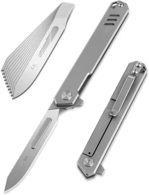 T029 Folding Scalpel Knife, Slim Titanium alloy handle, 60 Stainless Steel Blade Pocket Knife 1.23oz