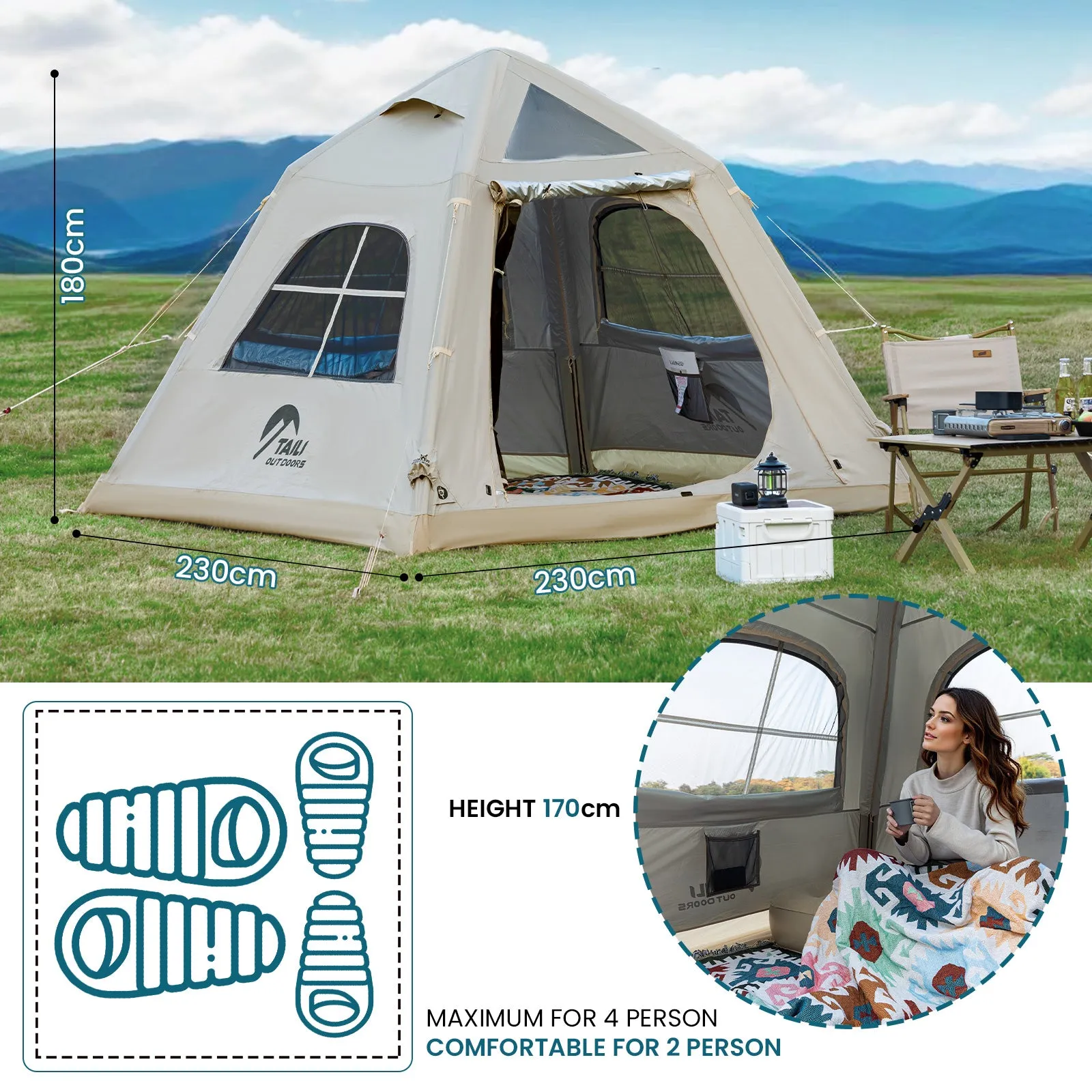 TAILI Inflatable Blow Up Tent for Camping with Hand Pump for 2/4/6/8 Person, Easy Setup Outdoor Inflatable Oxford Waterproof Air Tent House for Family Camping Adult