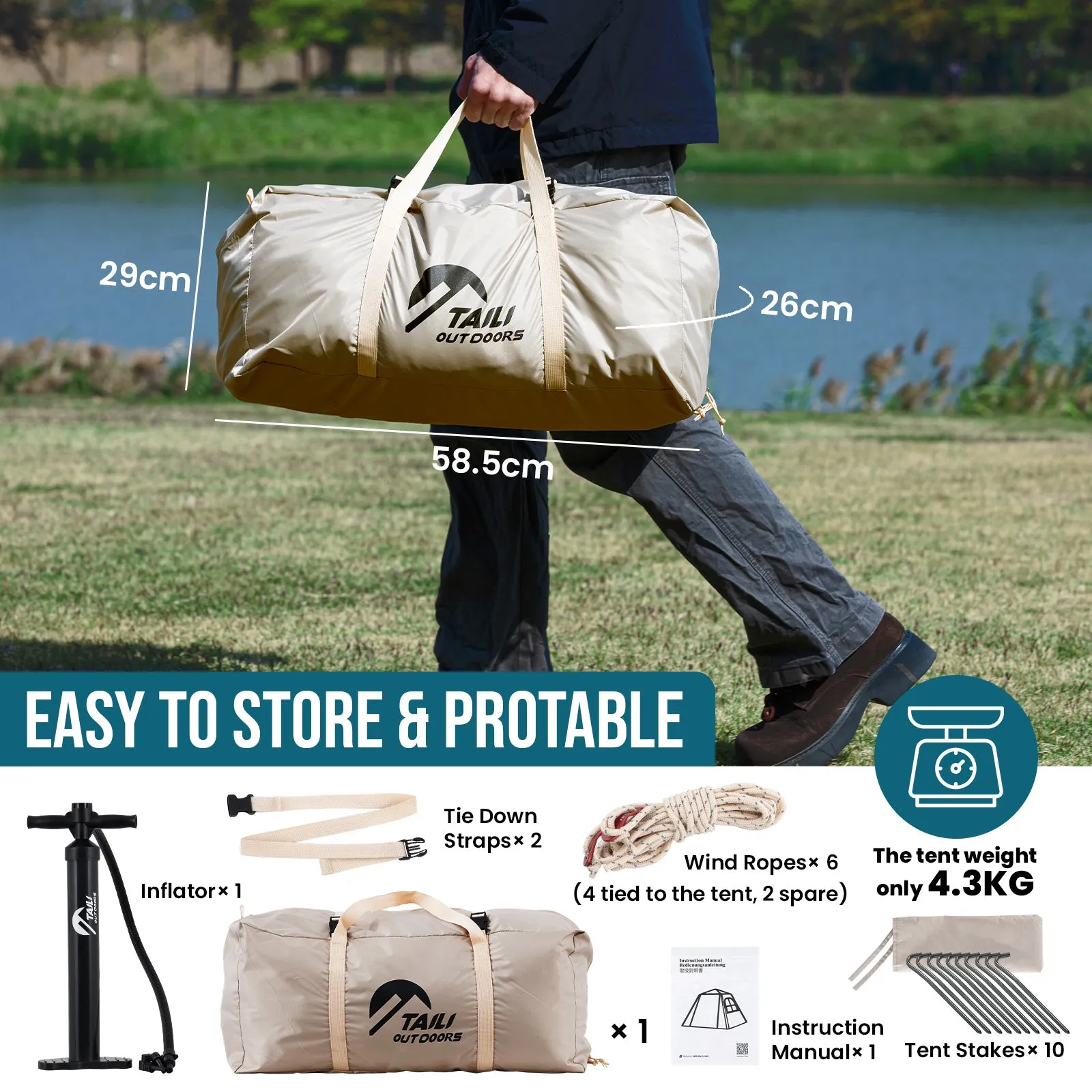 TAILI Inflatable Blow Up Tent for Camping with Hand Pump for 2/4/6/8 Person, Easy Setup Outdoor Inflatable Oxford Waterproof Air Tent House for Family Camping Adult