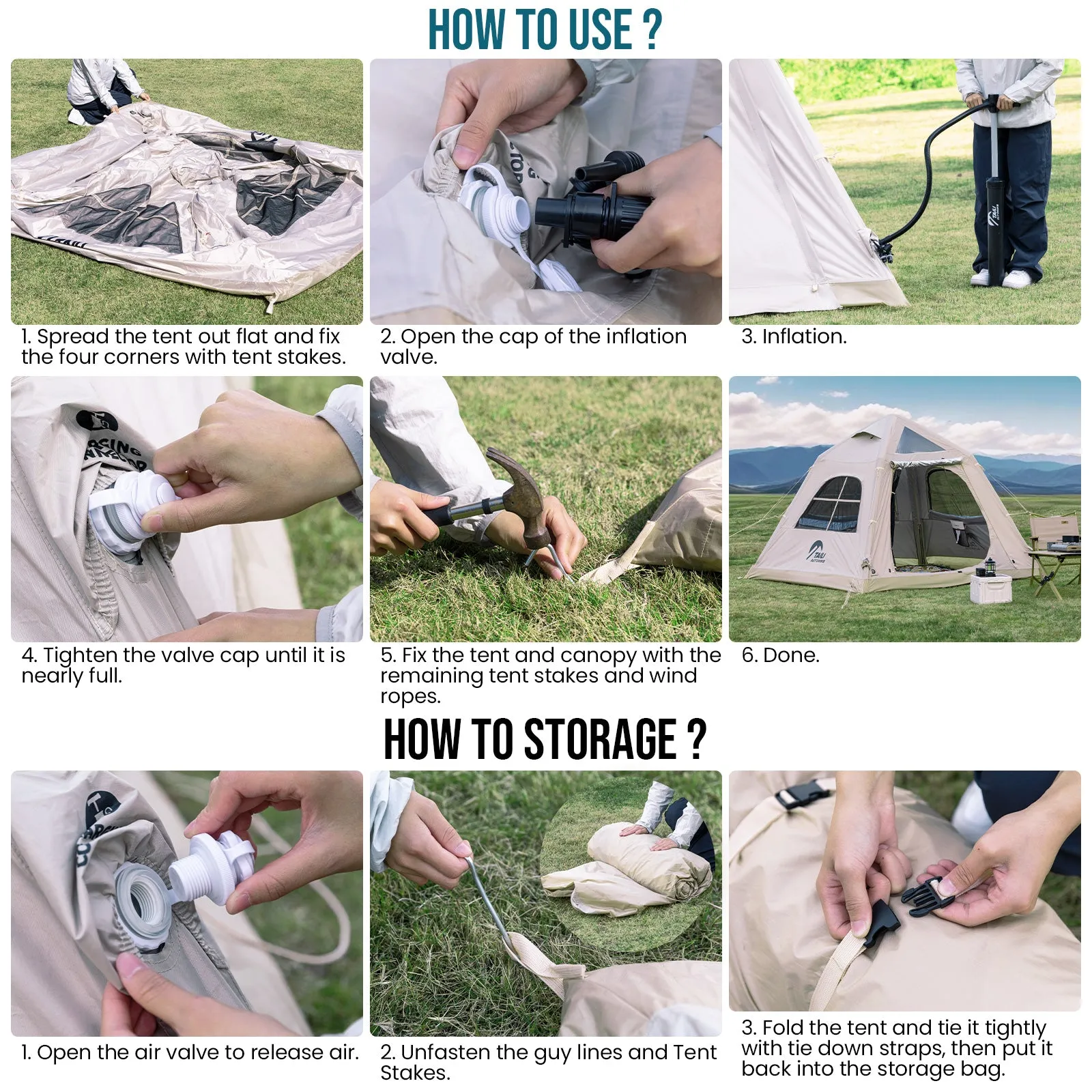 TAILI Inflatable Blow Up Tent for Camping with Hand Pump for 2/4/6/8 Person, Easy Setup Outdoor Inflatable Oxford Waterproof Air Tent House for Family Camping Adult