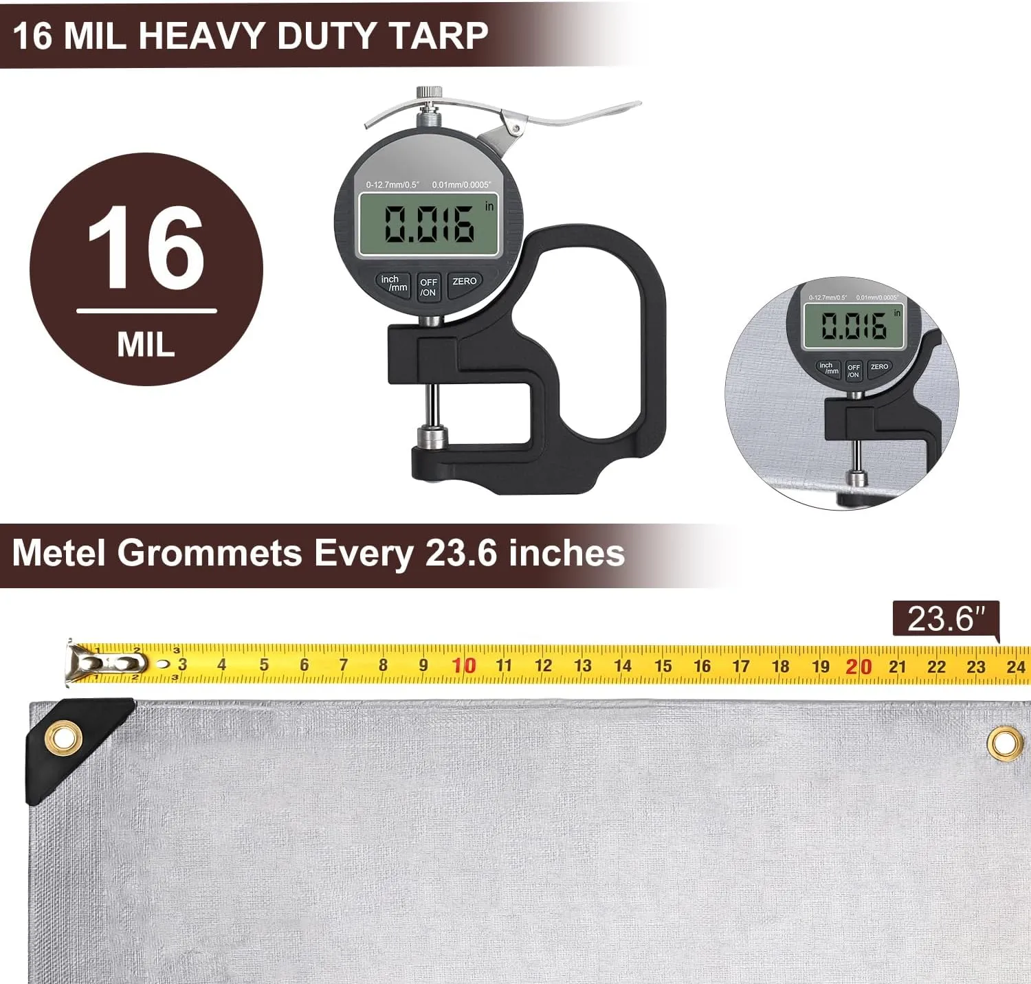 Tarp 10x20FT, Extra Thick 16Mil Heavy Duty Waterproof Tarps with Brass Grommets and Reinforced Edges, Tear & Fade Resistant, 100% UV Blocking Outdoor Tarp for Roof Camping Patio Pool Boat (Silver)