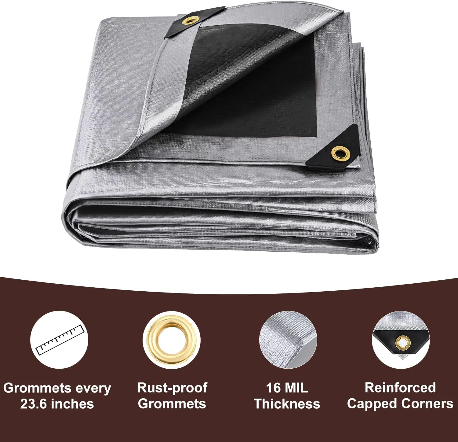 Tarp 10x20FT, Extra Thick 16Mil Heavy Duty Waterproof Tarps with Brass Grommets and Reinforced Edges, Tear & Fade Resistant, 100% UV Blocking Outdoor Tarp for Roof Camping Patio Pool Boat (Silver)