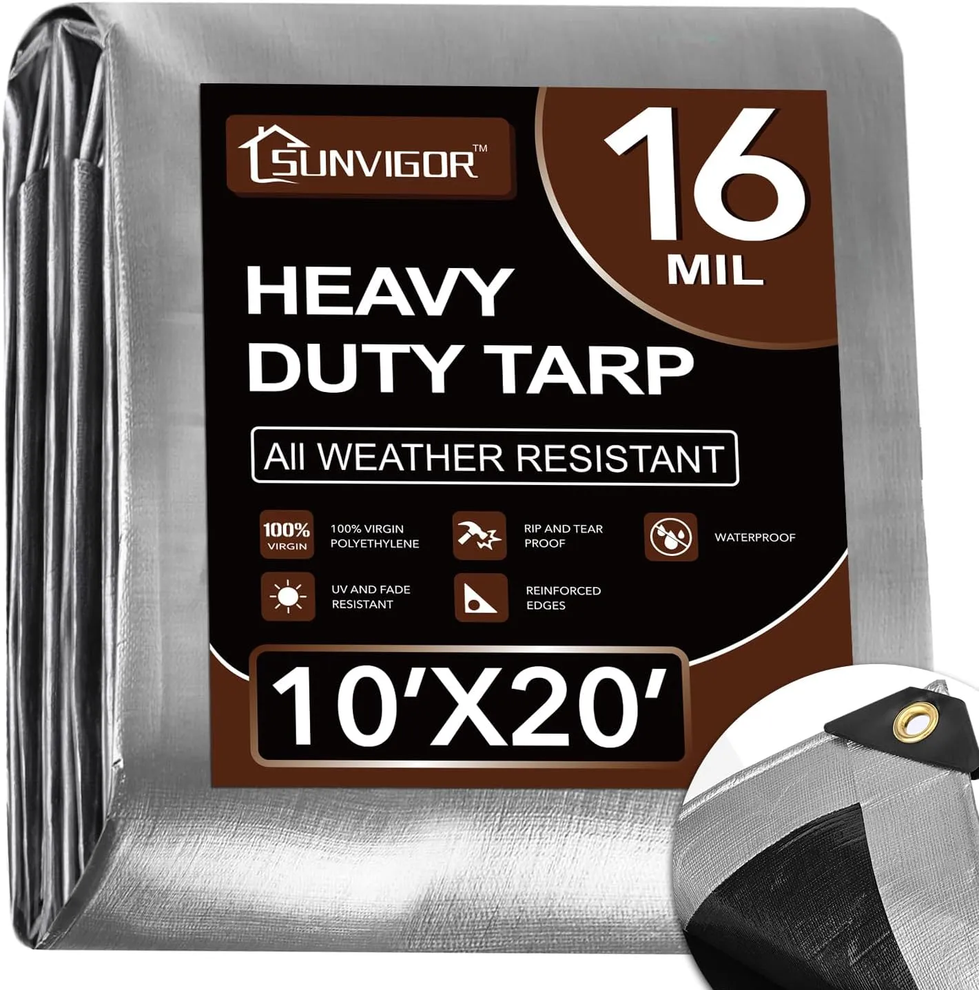 Tarp 10x20FT, Extra Thick 16Mil Heavy Duty Waterproof Tarps with Brass Grommets and Reinforced Edges, Tear & Fade Resistant, 100% UV Blocking Outdoor Tarp for Roof Camping Patio Pool Boat (Silver)