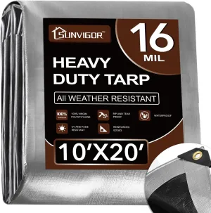 Tarp 10x20FT, Extra Thick 16Mil Heavy Duty Waterproof Tarps with Brass Grommets and Reinforced Edges, Tear & Fade Resistant, 100% UV Blocking Outdoor Tarp for Roof Camping Patio Pool Boat (Silver)