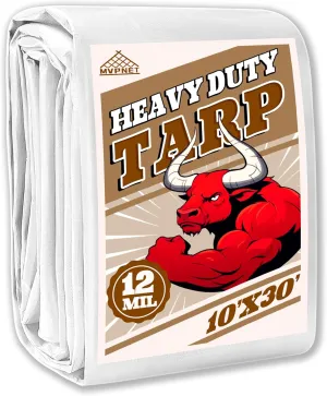 Tarp 10x30 ft Heavy Duty 12mil 100% Waterproof High Durability Multipurpose,Uv Resistant,White Tarp Suitable for Swimming Pools, Boats, Camping, Courtyards, Etc -by MVPNET