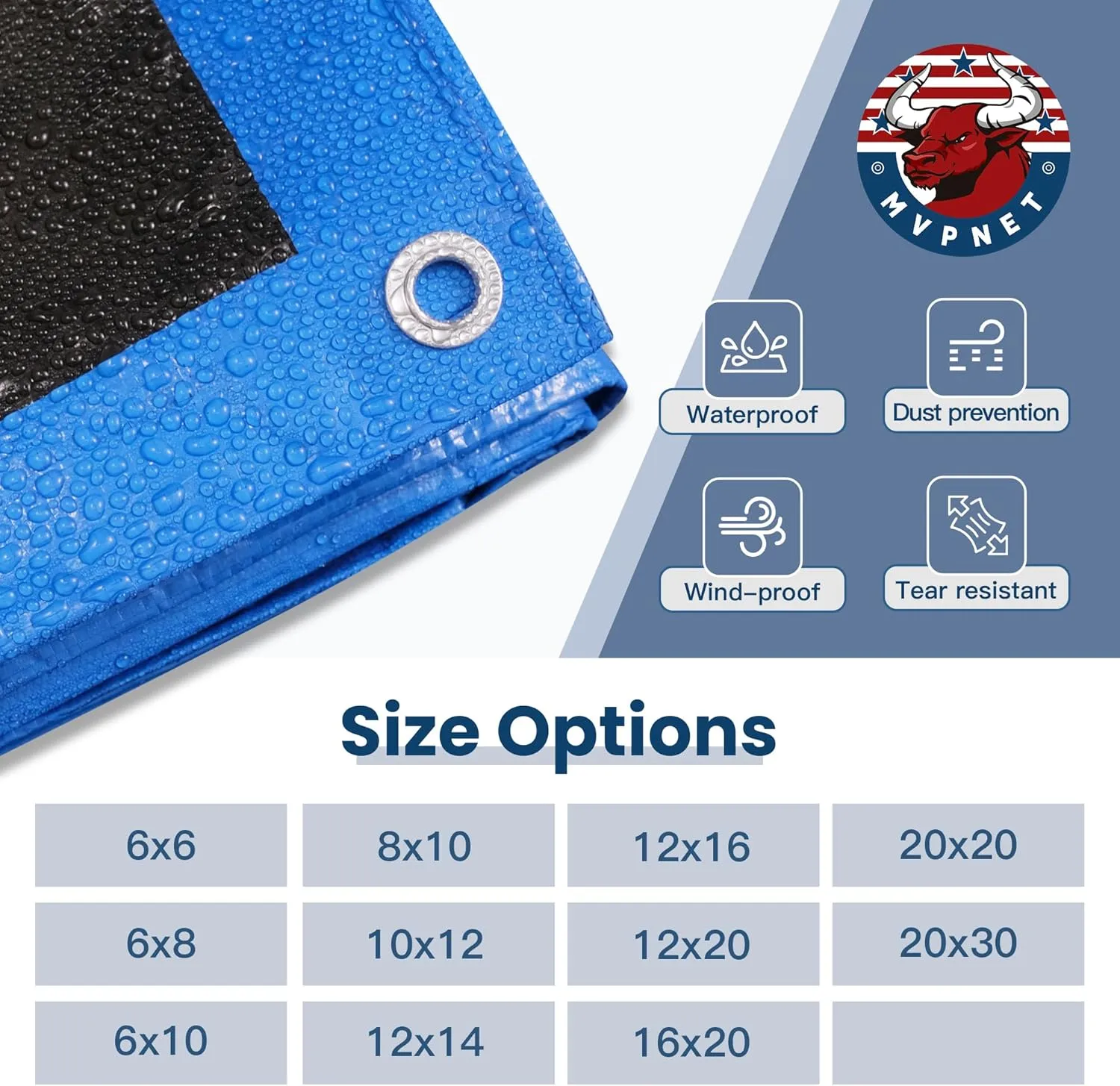 Tarp 12x16 Waterproof 7mil Blue/Black Multipurpose Tarps Uv Resistant Outdoor Tarp for Camping, Rooftops, Yards, Pools, Vehicles, Boats by-MVPNET