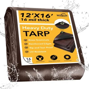 Tarp 12x16FT, 16 Mil Heavy Duty Large Tarps, Waterproof Tarp with Brass Grommets and Reinforced Edges, UV Resistant, Tear&Fade Resistant Poly Tarp for Outdoor Camping Pool Car Tent