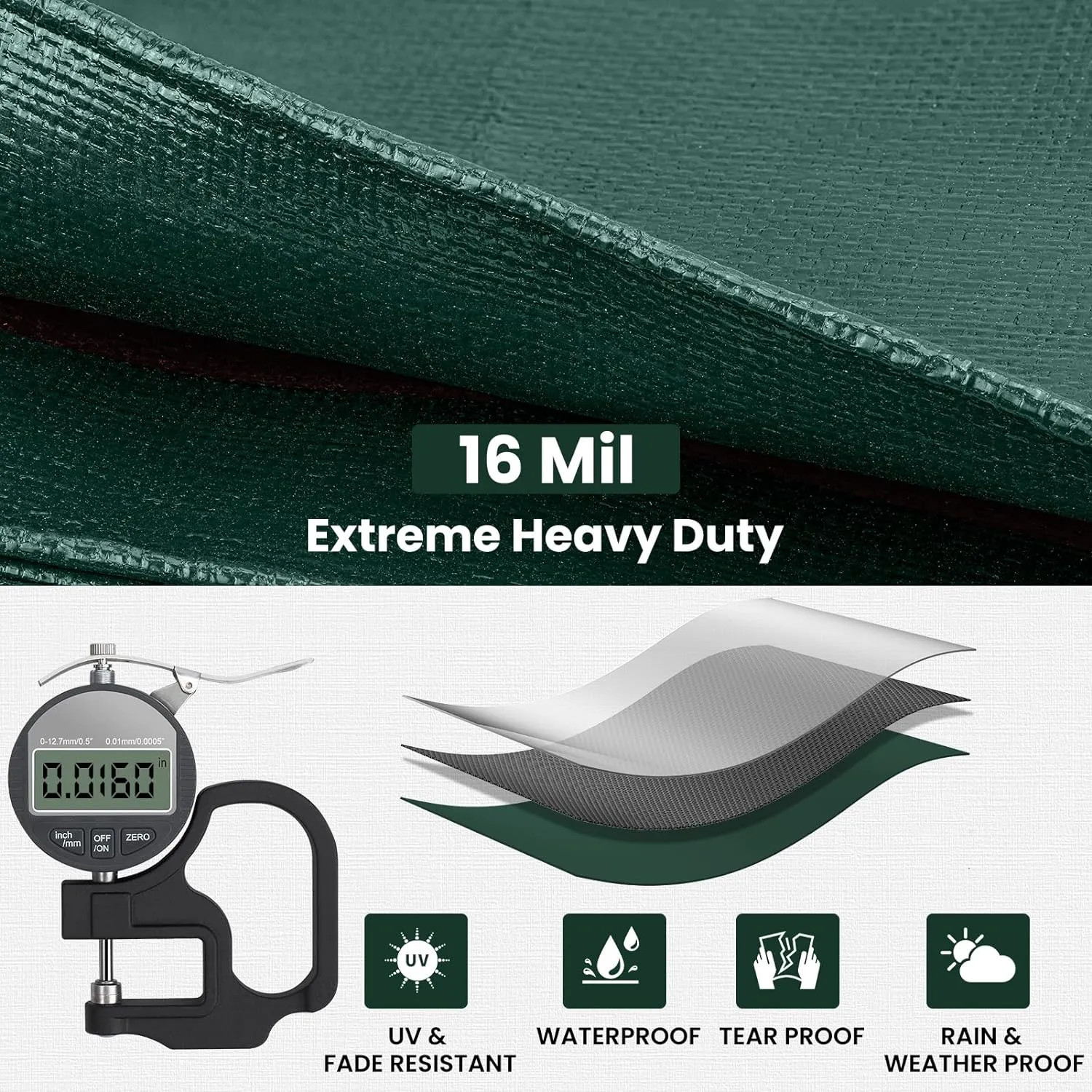 Tarp 16x20 Feet 16 Mil Heavy Duty Waterproof Tarp, Large Multipurpose Cover with Brass Grommets and Reinforced Edges, UV Resistant Thick Poly Tarps for Outdoor Camping Tent Pool Car, Green