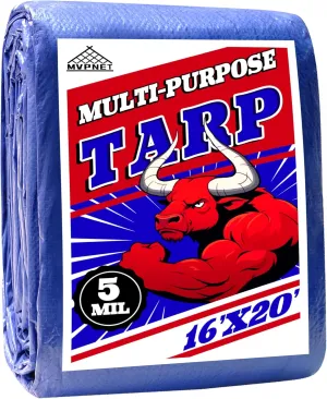 Tarp 16x20 ft 100% Waterproof Uv Resistant High Durability Multipurpose 5mil Blue Tarp for Covering Courtyards, Cars, Camping, Gardens, Pet Nests -by MVPNET