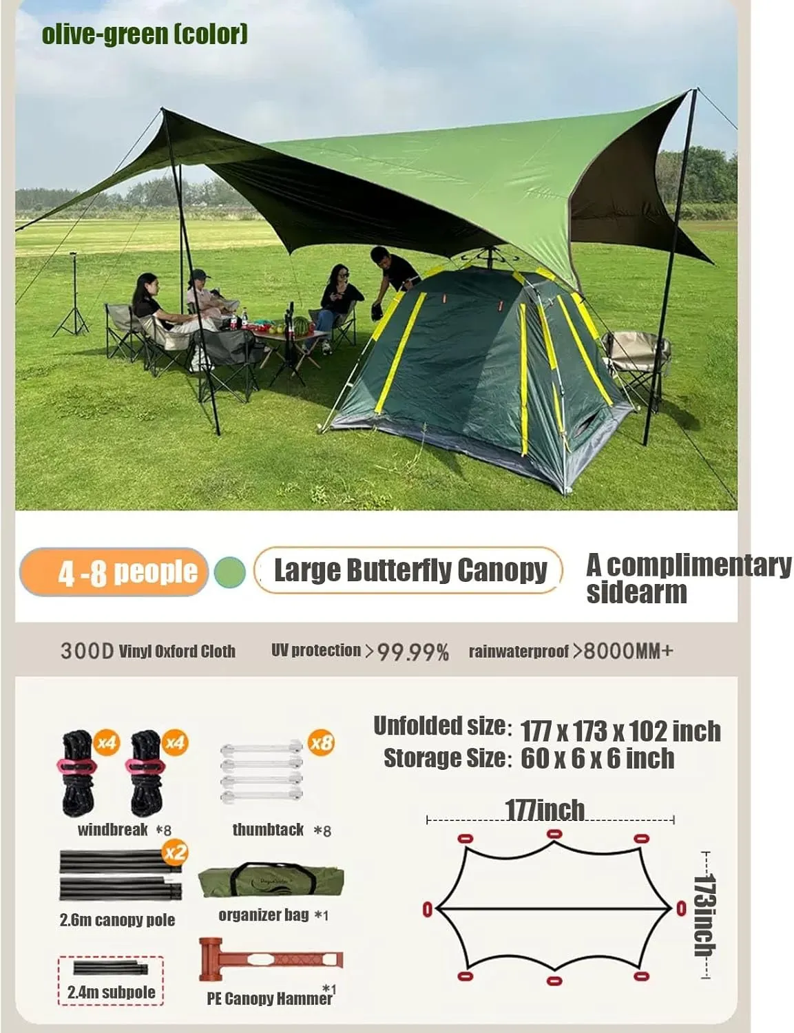Tarp 18x14ft (2024 Update) Sun Shelter Rainfly (Color : Olive Green, Size : 177x173x102inch)