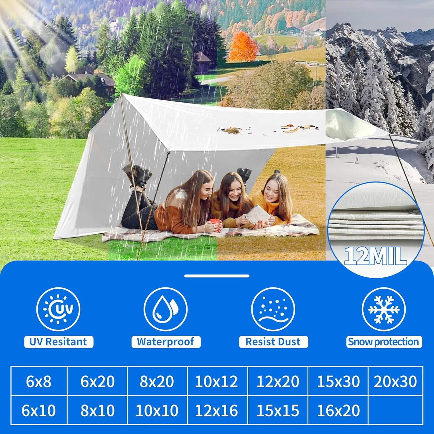 Tarp 20x30 ft Heavy Duty 12mil 100% Waterproof High Durability Multipurpose,Uv Resistant,White Tarp Suitable for Swimming Pools, Boats, Camping, Courtyards, Etc -by MVPNET