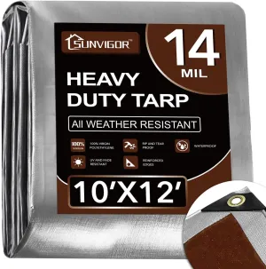 Tarp Waterproof 10x12Ft, Heavy Duty Tarp Cover Extra Thick 14 Mil Tear and UV Resistant, Outdoor Tarps with Grommets and Reinforced Edges for Roof, Camping, Patio, Pool, Boat