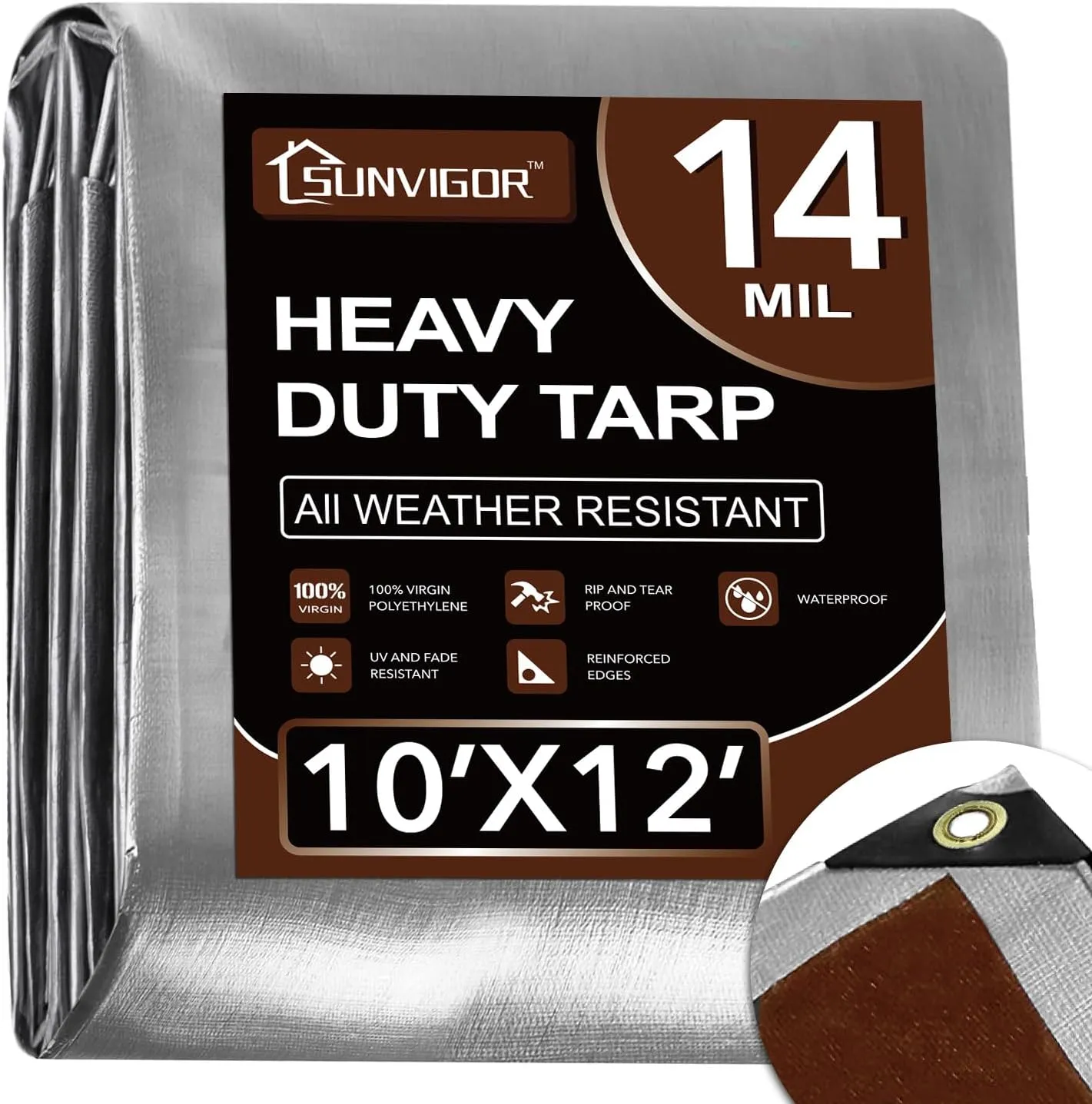 Tarp Waterproof 10x12Ft, Heavy Duty Tarp Cover Extra Thick 14 Mil Tear and UV Resistant, Outdoor Tarps with Grommets and Reinforced Edges for Roof, Camping, Patio, Pool, Boat