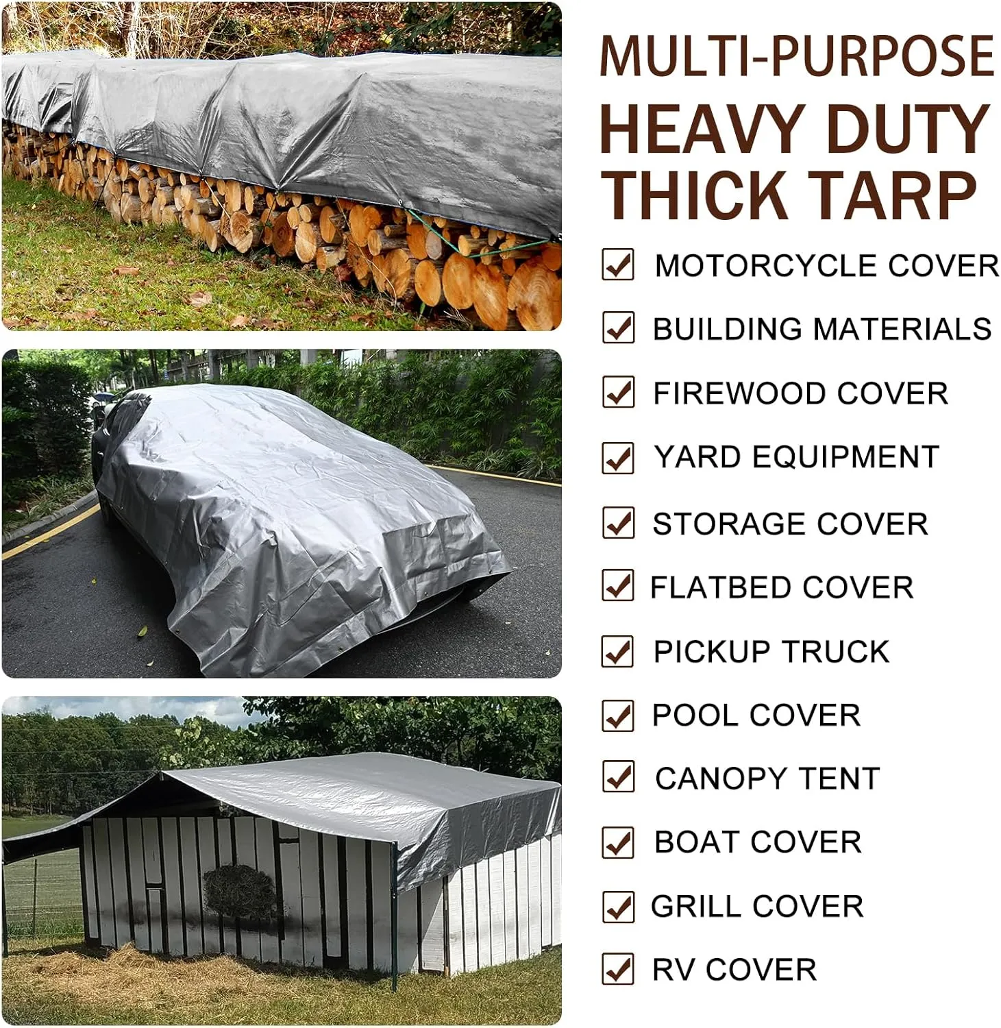 Tarp Waterproof 10x12Ft, Heavy Duty Tarp Cover Extra Thick 14 Mil Tear and UV Resistant, Outdoor Tarps with Grommets and Reinforced Edges for Roof, Camping, Patio, Pool, Boat